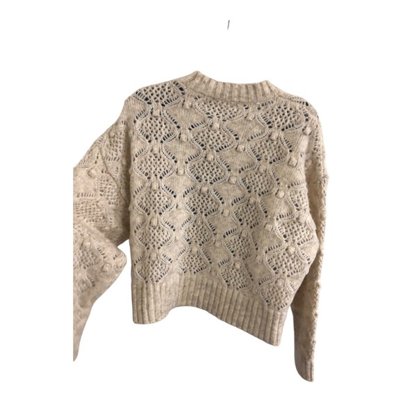 Tan crewneck knotted heirloom farmhouse style fuzzy crochet knit sweater size L - Picture 10 of 17